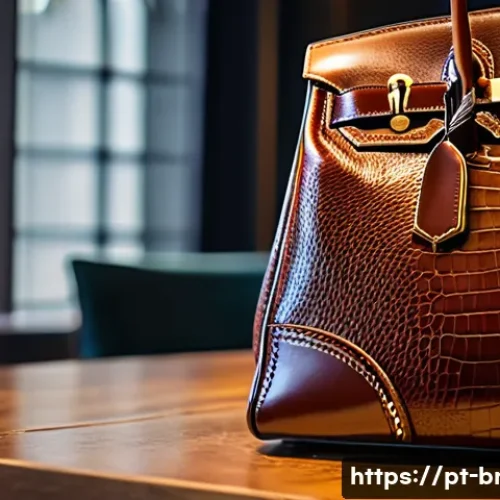 Home 32 에르메스 버킨백과 샤넬 클래식 플랩 - A close-up of a luxury handcrafted leather handbag displayed on a polished wooden table in a sophist...