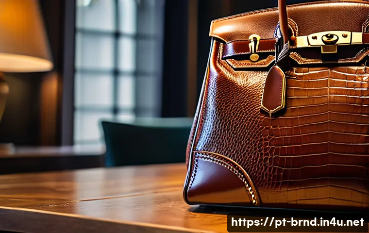에르메스 버킨백과 샤넬 클래식 플랩 - A close-up of a luxury handcrafted leather handbag displayed on a polished wooden table in a sophist...