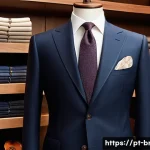 Home 19 로로피아나와 조지오 아르마니 수트 비교 - A luxurious, elegant men's suit display featuring a Loro Piana blazer made from superfine merino woo...