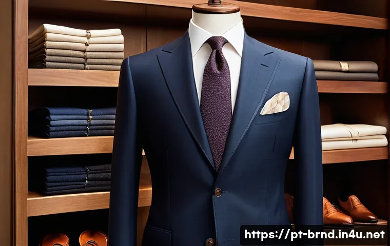 로로피아나와 조지오 아르마니 수트 비교 - A luxurious, elegant men's suit display featuring a Loro Piana blazer made from superfine merino woo...