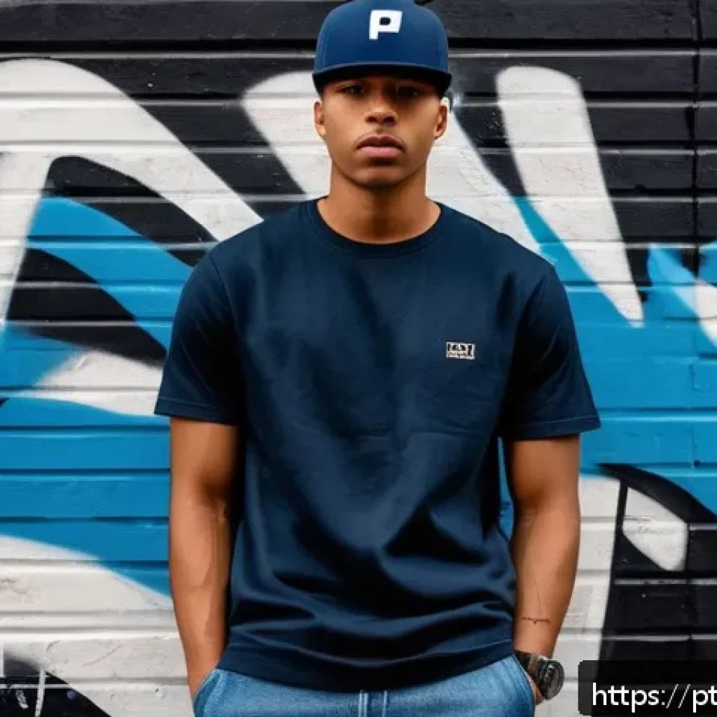 스투시와 슈프림의 티셔츠 라인 - A stylish urban streetwear scene featuring a young adult wearing a minimalistic streetwear t-shirt w...