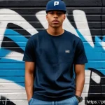 Home 23 스투시와 슈프림의 티셔츠 라인 - A stylish urban streetwear scene featuring a young adult wearing a minimalistic streetwear t-shirt w...