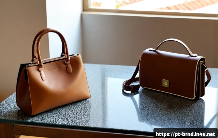 루이비통과 구찌의 캐주얼 백 - Photorealistic luxury casual handbag comparison on a sunlit Lisbon apartment table, two distinct des...